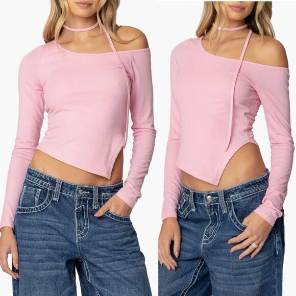 Edikted NWT Asymmetric Crop Top Knit Long Slv Pink Heart Fitted Sz S Festival - Picture 3 of 7